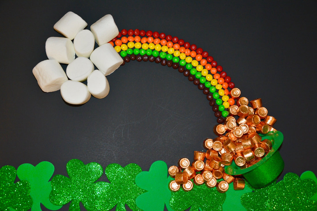 St. Patrick's Day Snack Ideas: Trail Mix, Rainbow Candy Skewers, and Pot of Gold Candy Jar
