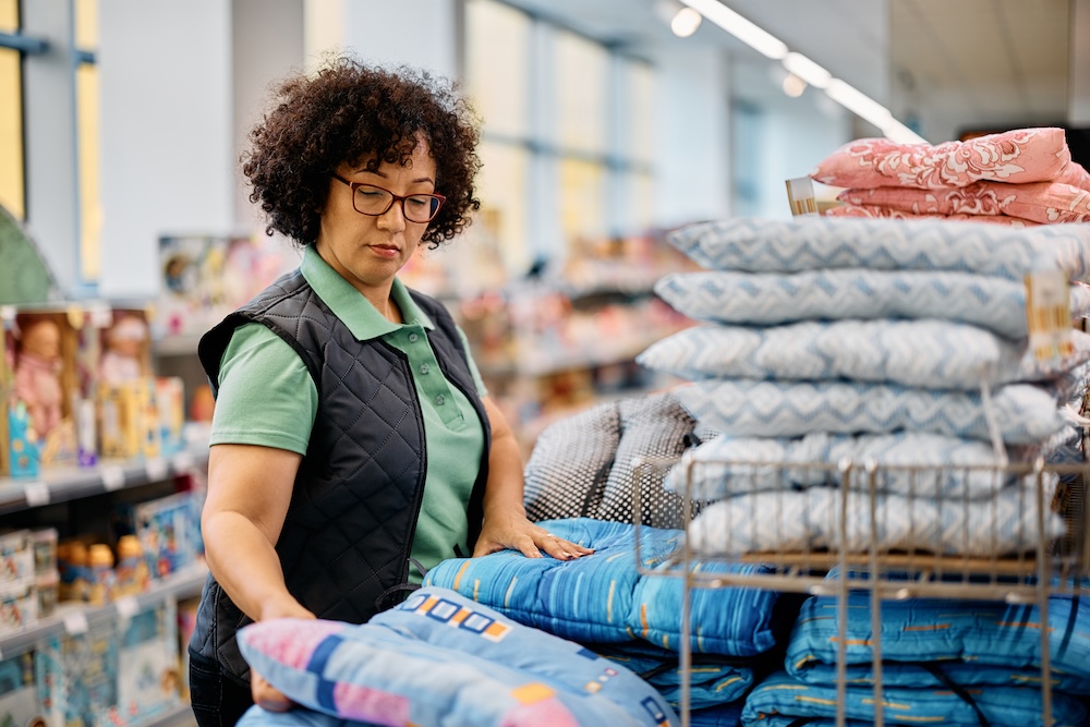 woman looking at linen in walmart style shop