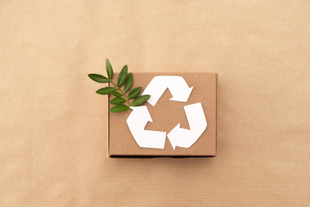Cardboard box with recycling symbol and a green leaf