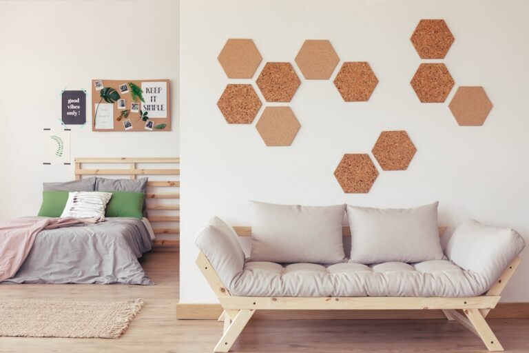 Cork pieces on the wall above wooden furniture