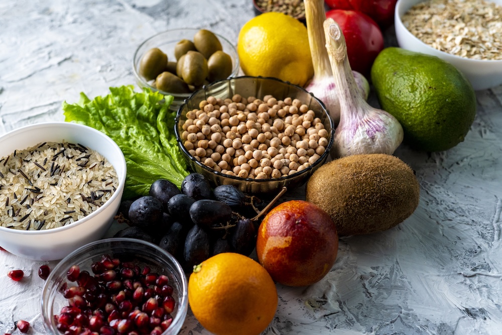 Different types of fruits and vegetables spread out