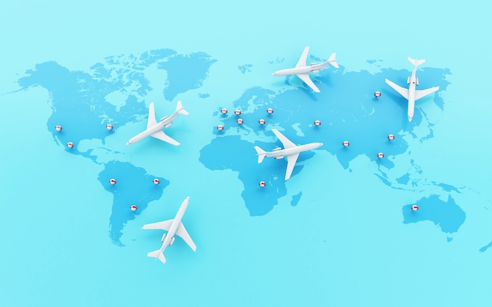 3D airplanes flying around the globe