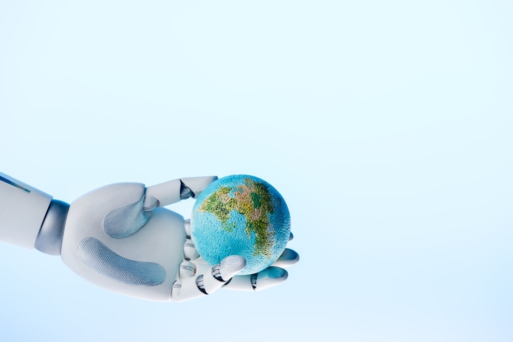 AI robot holding the earth in its hands