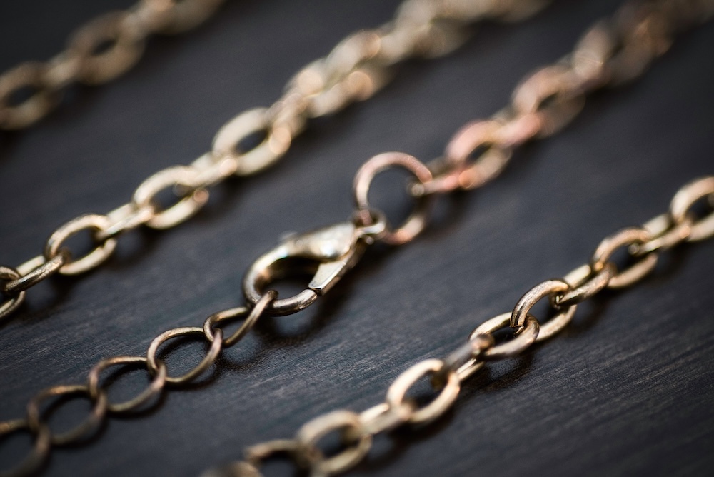 Gold chain necklesses laid out