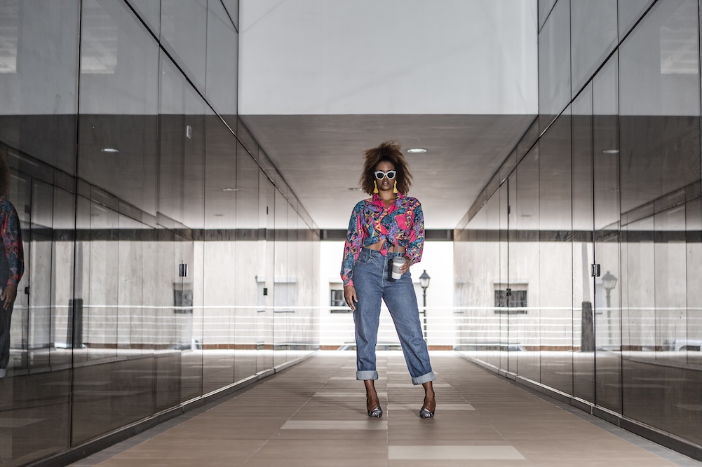 Woman wearing 80s inspired clothing