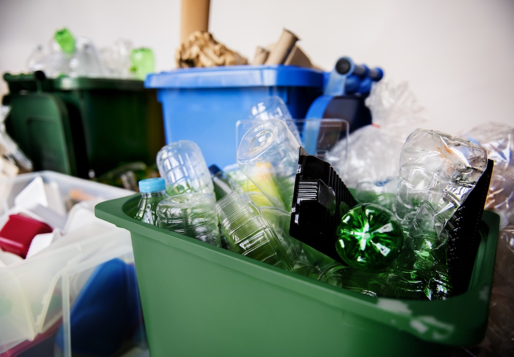 Sorted recycling for glass, and plastic bottles