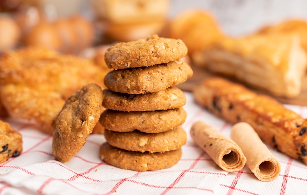 Organic cookies stacked on a table