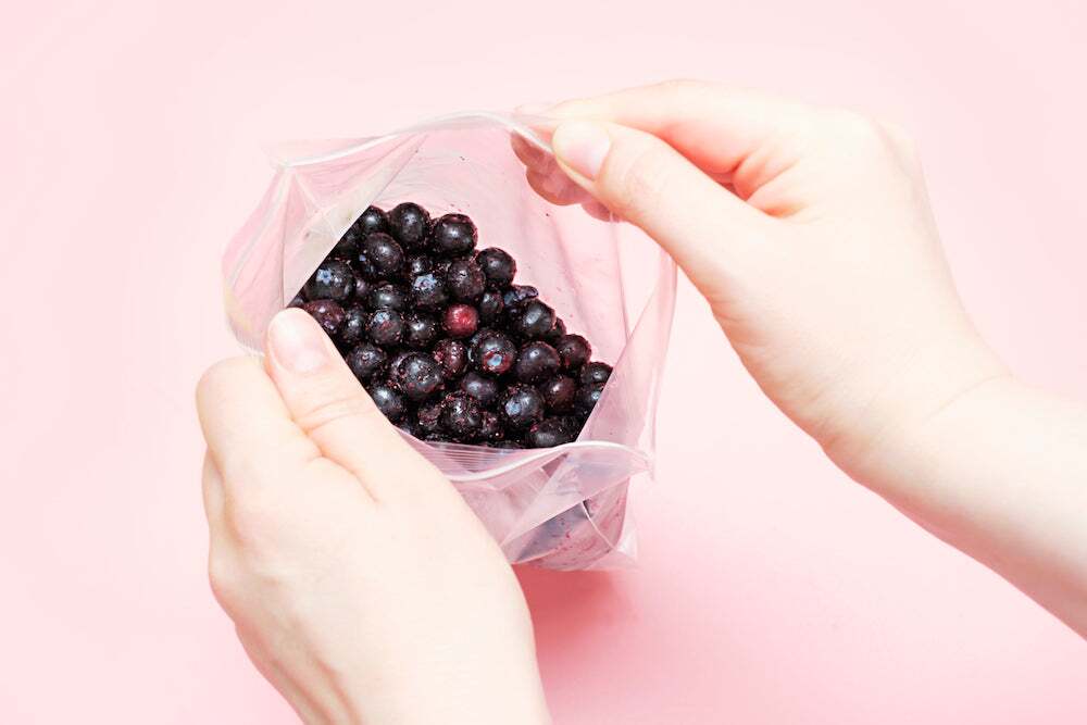 Silicone bag filled with blueberries