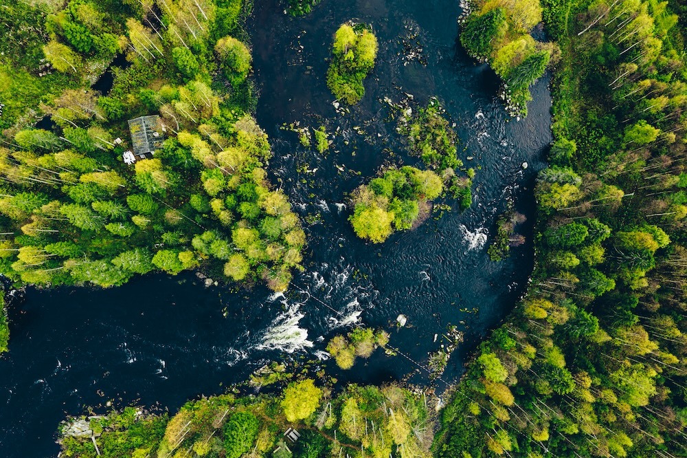 natural river rushing water with forest around
