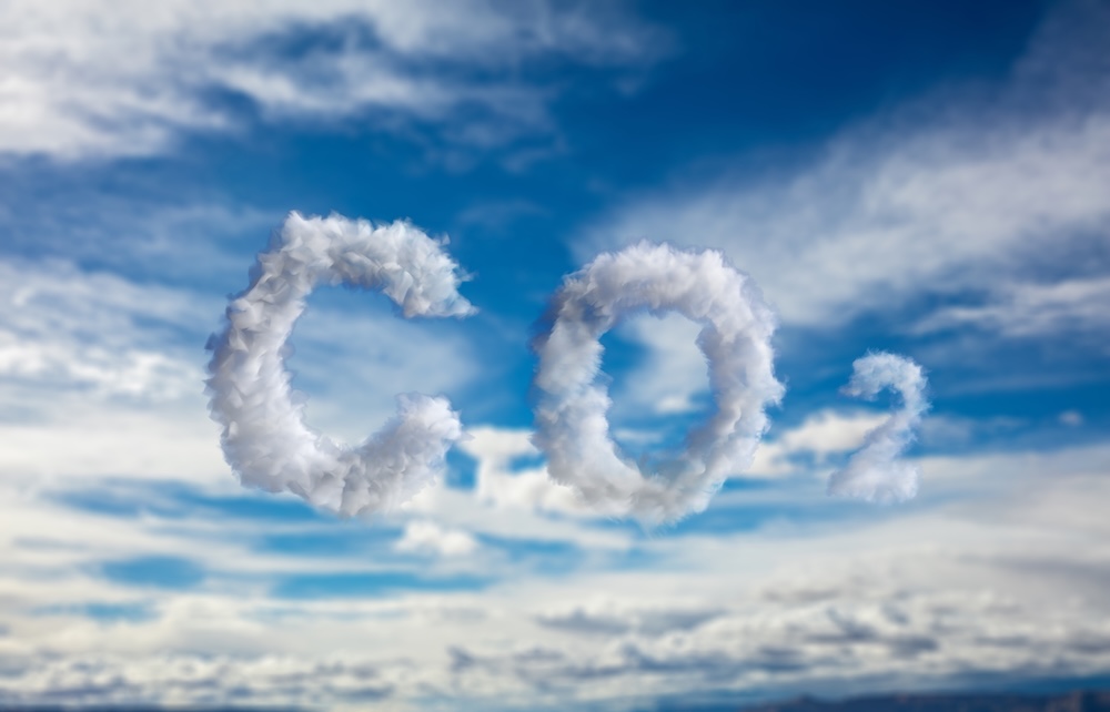 co2 spelled out in the clouds in a blue sky