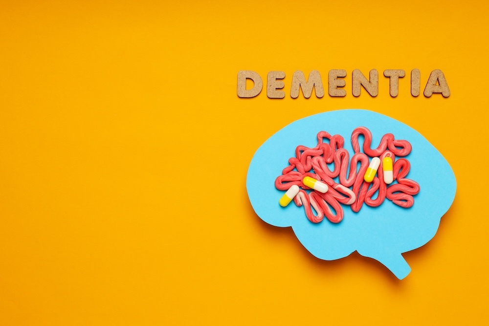 dementia inside the brain on a yellow background