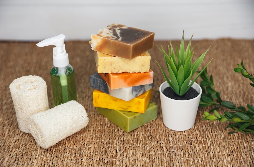natural soaps sitting on a table