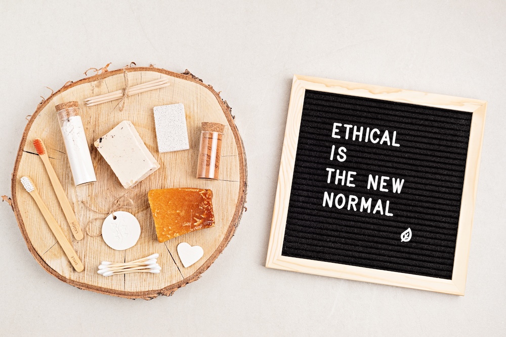 ethical is the new normal spelled out on a black board with ethical products