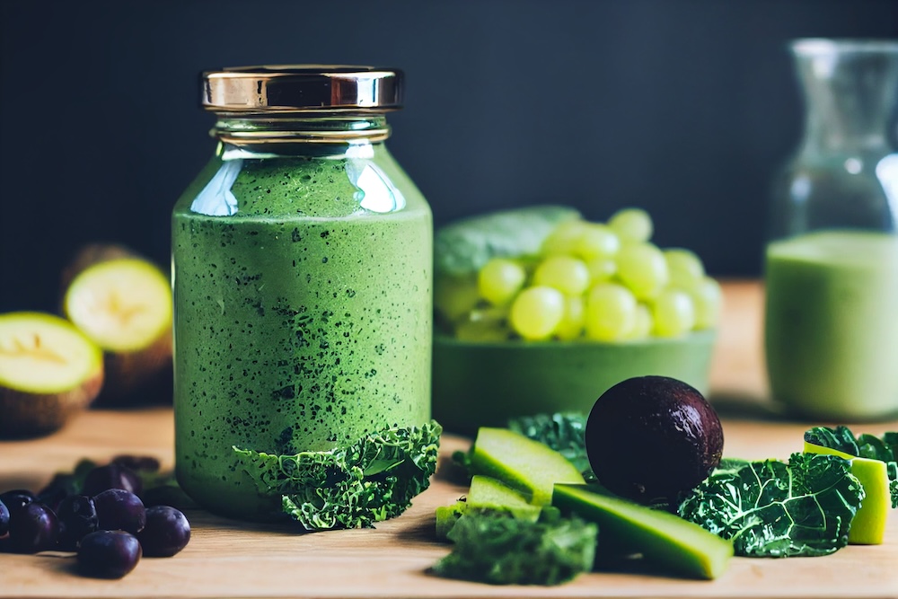 healthy green smoothie on a table with kale and greens