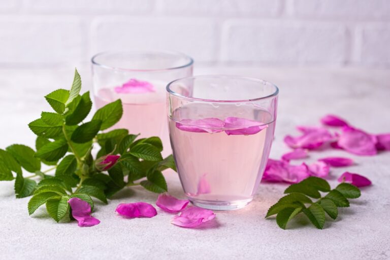 glass of water with rose petals floating inside