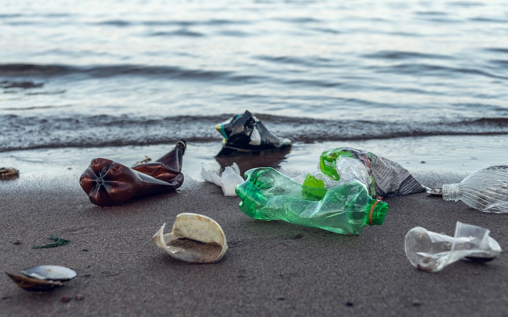 plastics and other garbage laying on the beach near shoreline