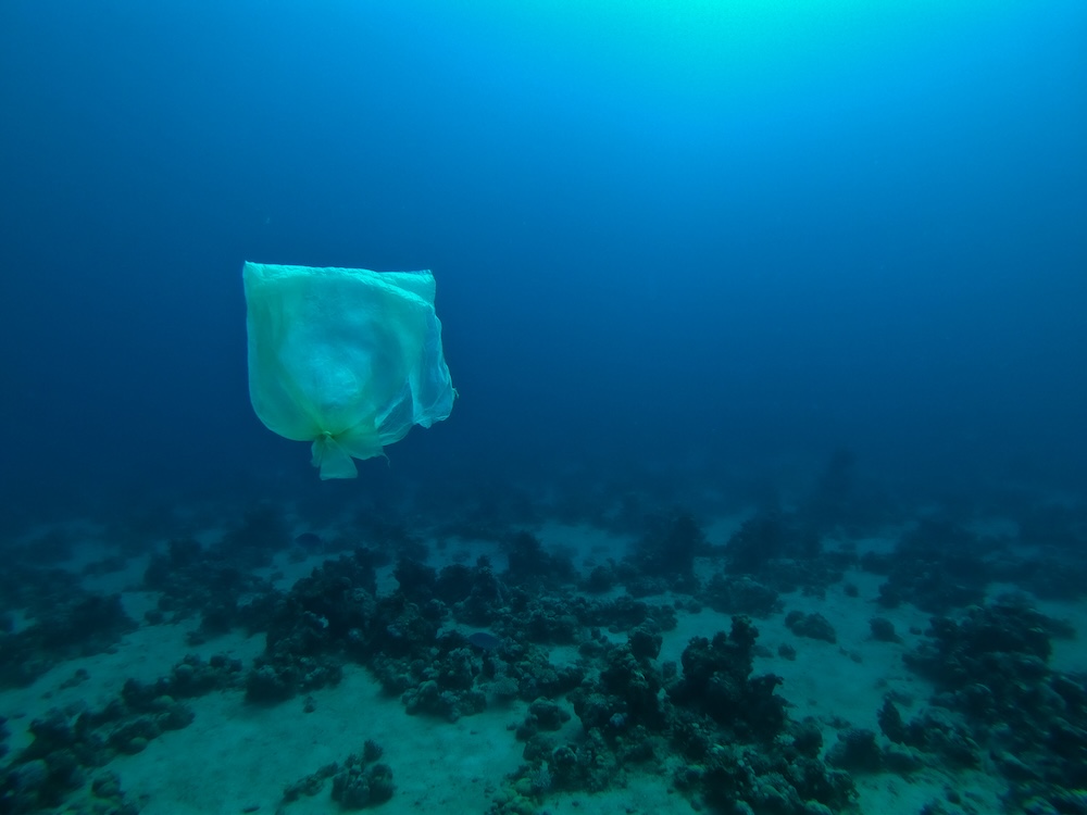 plastic bag floating in deep ocean