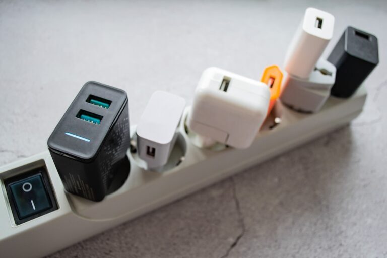 extension strip with different chargers plugged in