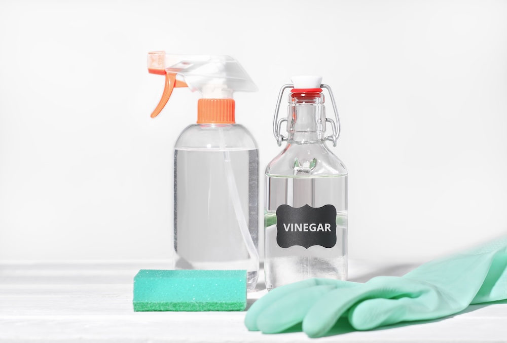 spray bottle with water and bottle of vinegar with a glove