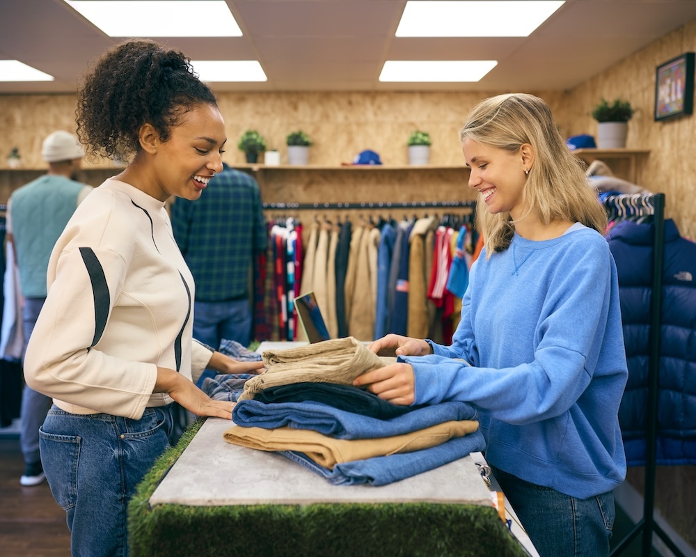 woman buying clothes from a take back program store