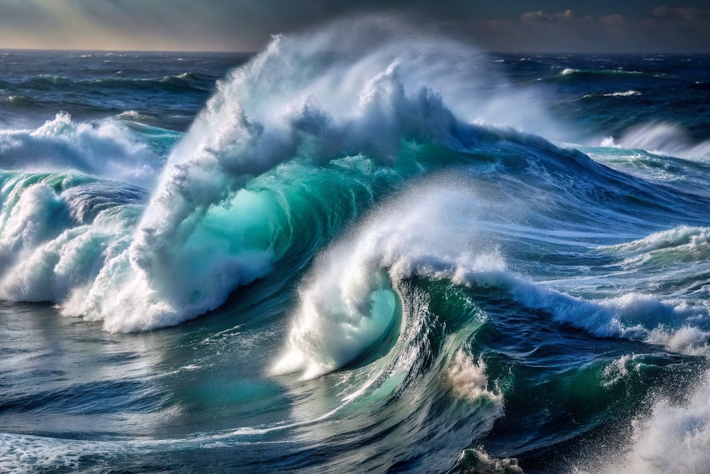 Large blue waves roaring in the ocean