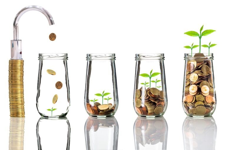 Coin stacked faucet filling up glass jars with gold with plants rooting