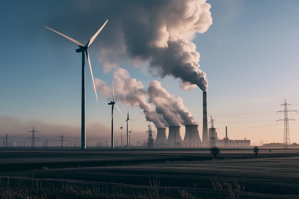 Wind turbine clean energy vs coal power plant