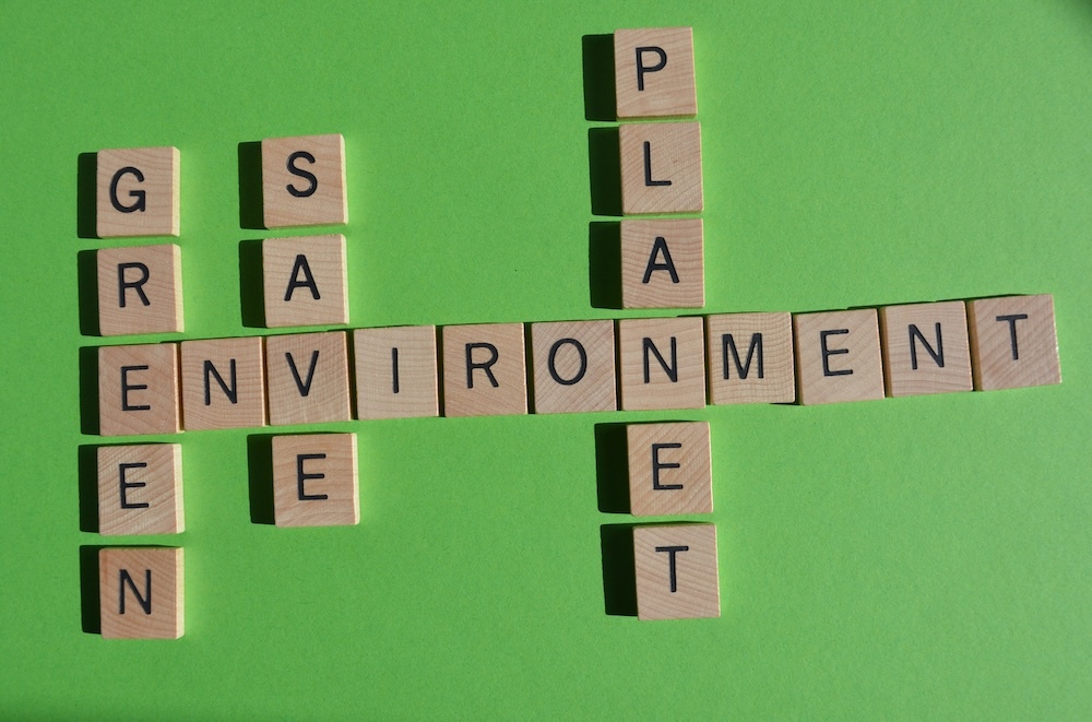 environmentally friendly words spelled out on wooden squares