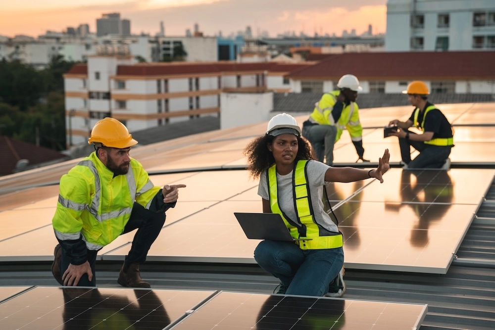 engineers maintenancing solar cells on roof