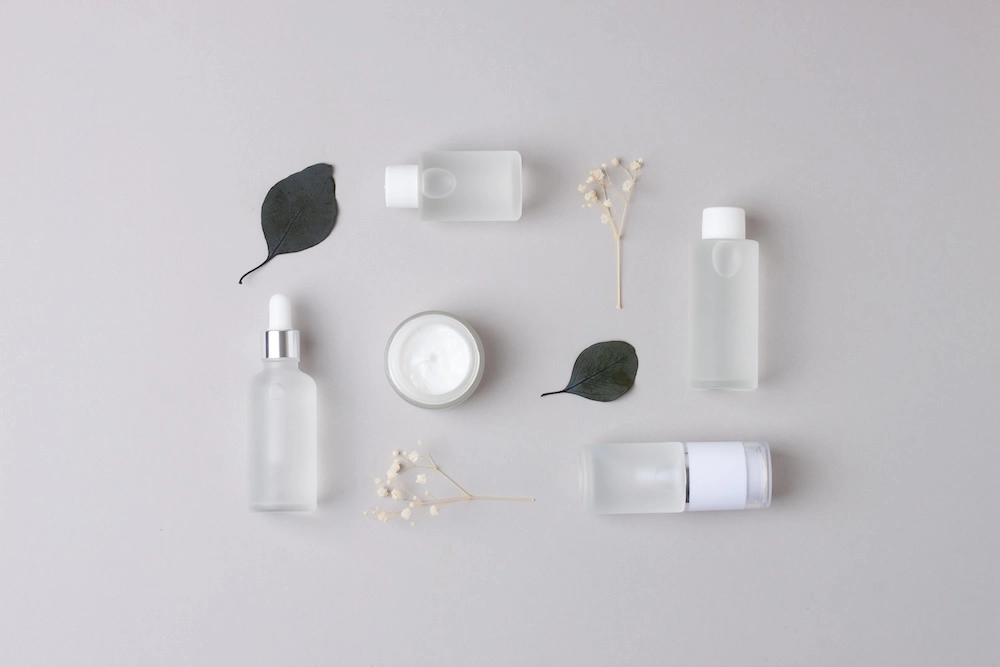 skincare products in refillable bottles