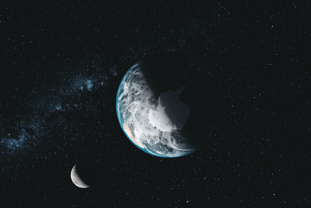 earth with moon orbiting milky way