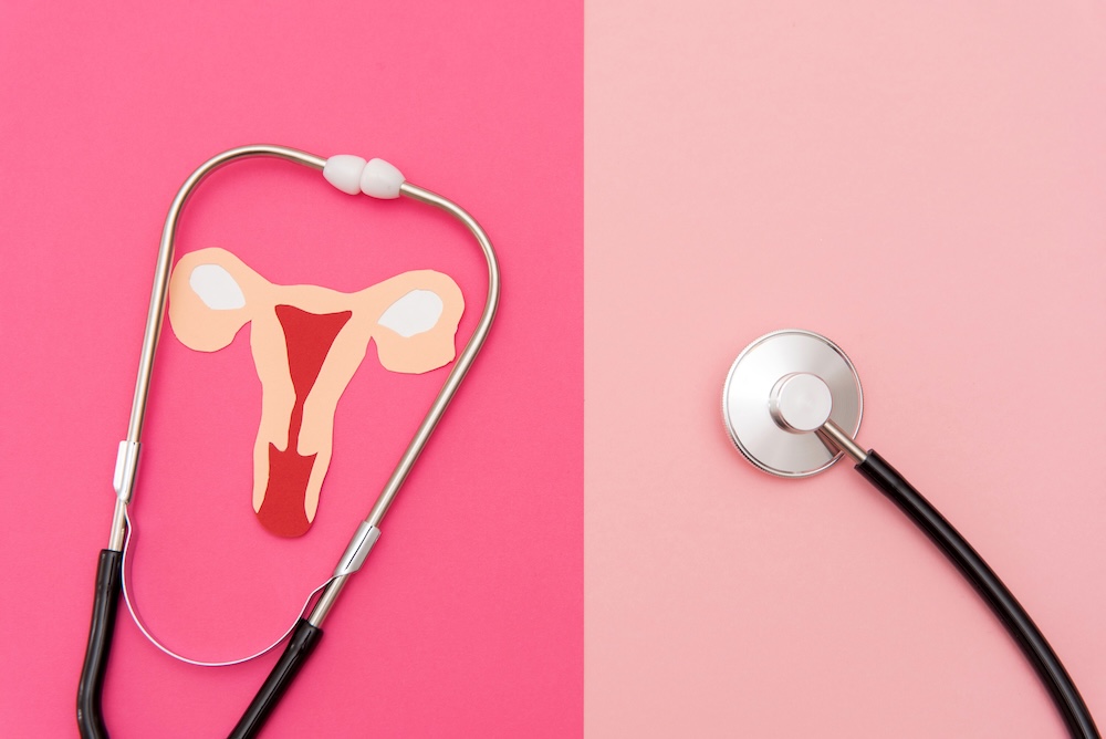 paper uterus on a pink background with a stethoscope