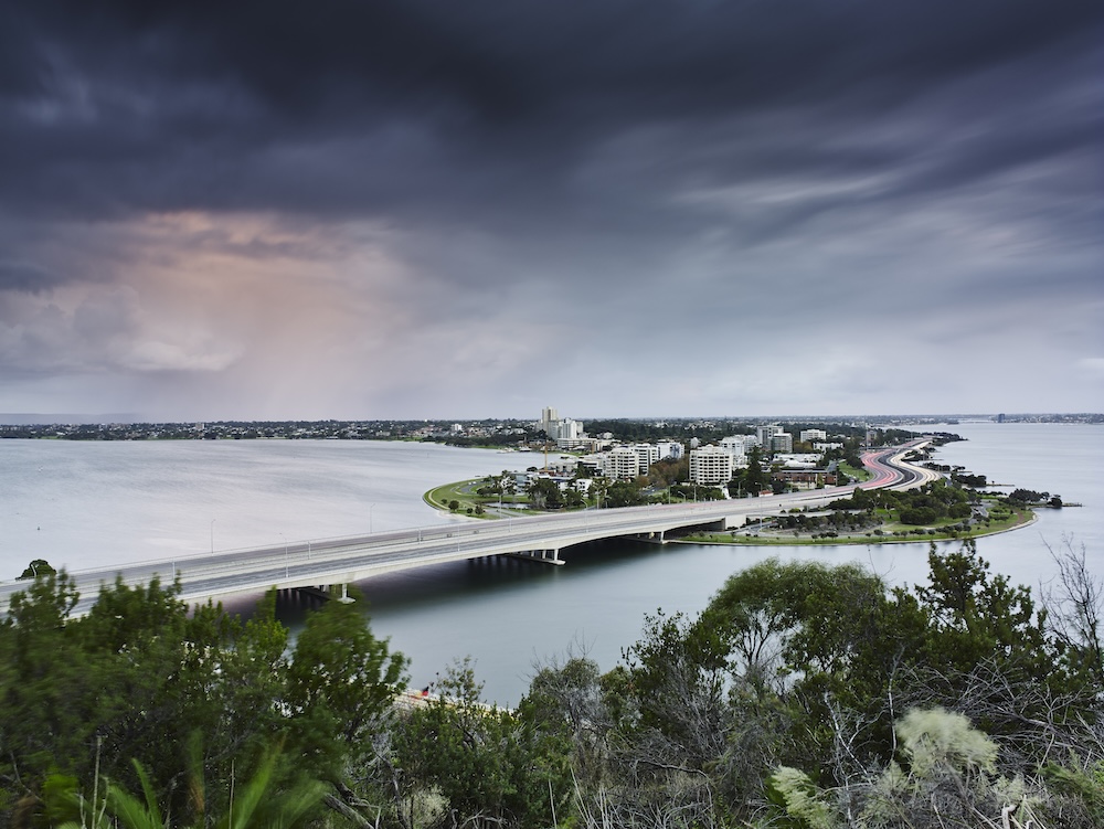 city surrounded by saltwater and coastal storm