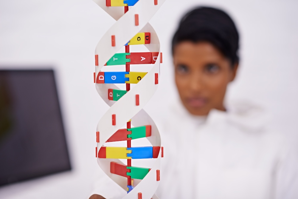 model of human DNA with scientist in background