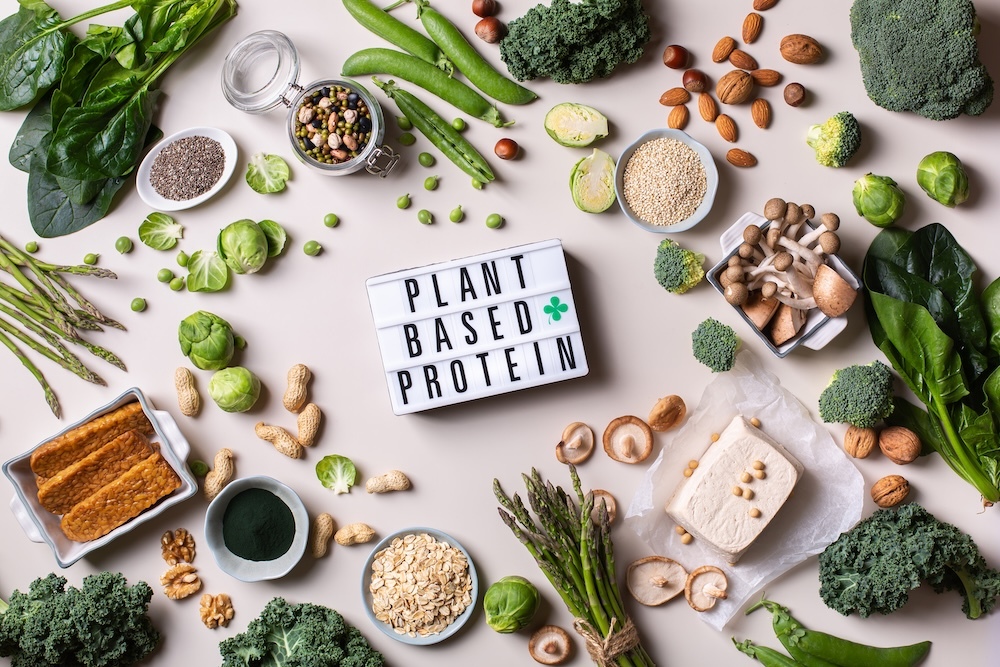 A variety of plant-based proteins spread out on a table