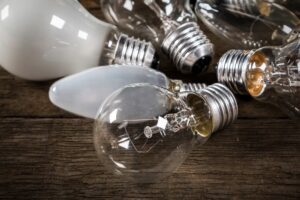 Different types of lightbulbs on a table
