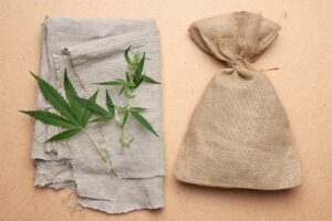 Linen made from Hemp with a leaf and a brown bag