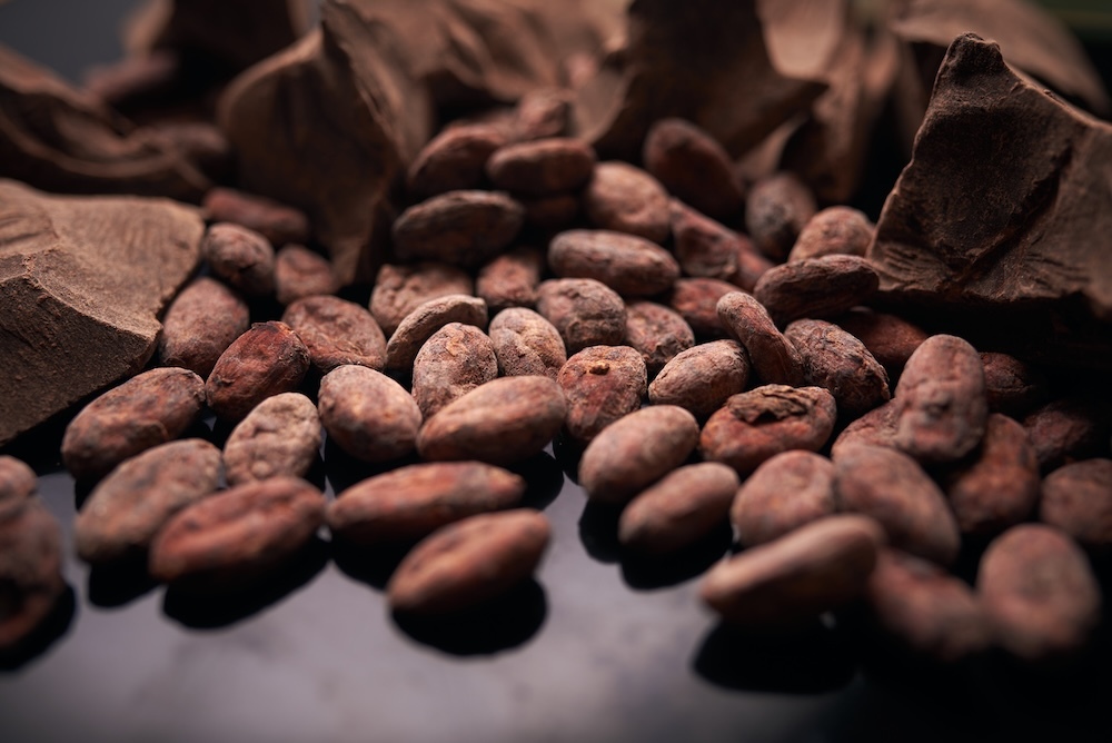 Cocoa beans and chocolate chunks on a table