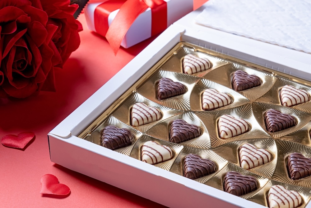 Valentines day chocolates in white packaging box