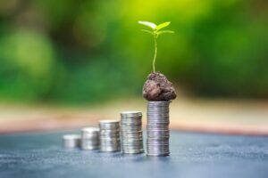 coins stack upward with a plant growing out of the top