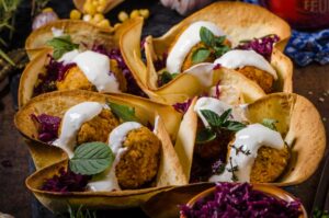 falafel with cabbage herbs and sauce