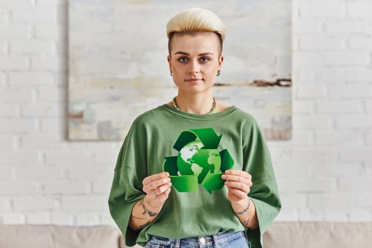 Woman holding a green recycle sign