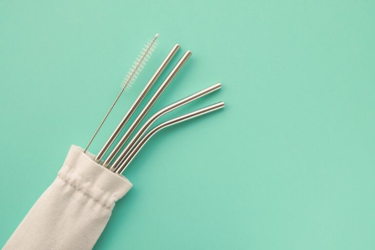 Reusable stainless steel straws with brush cleaner and bag