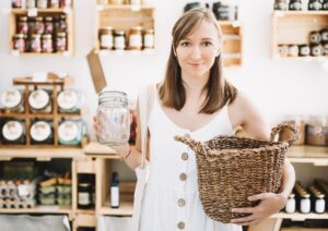 Young woman using zero waste products for shopping