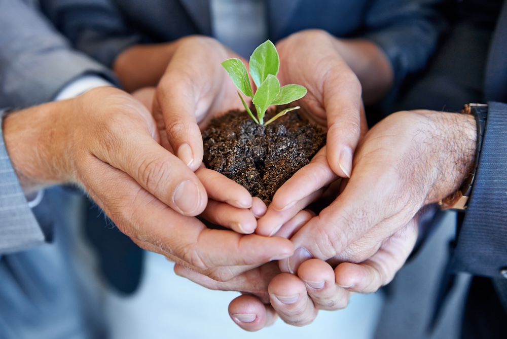 Business people holding earth with a root growing
