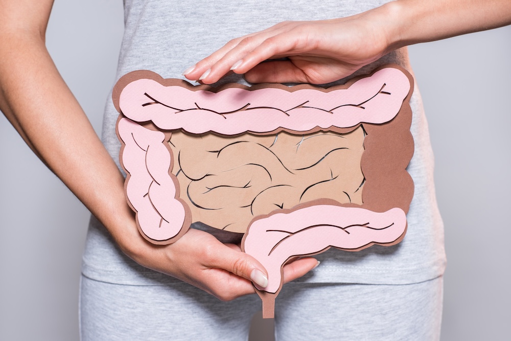 Woman holding a paper stomach with intestines