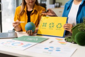 People discussing a reduce, reuse, and recycle strategy