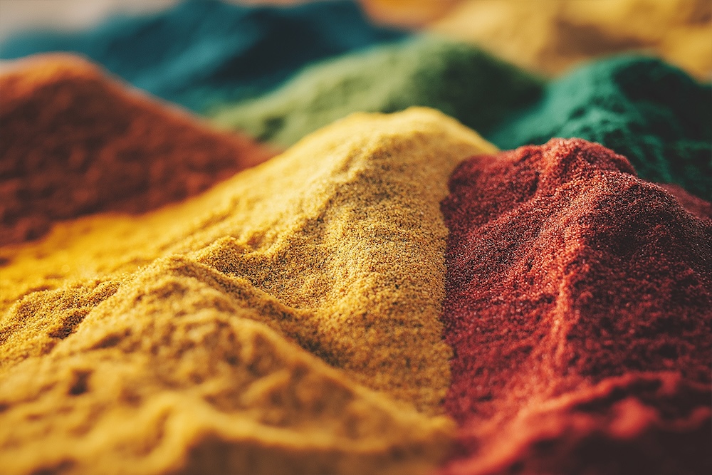 Multicolor mounds of sand dyed different colors