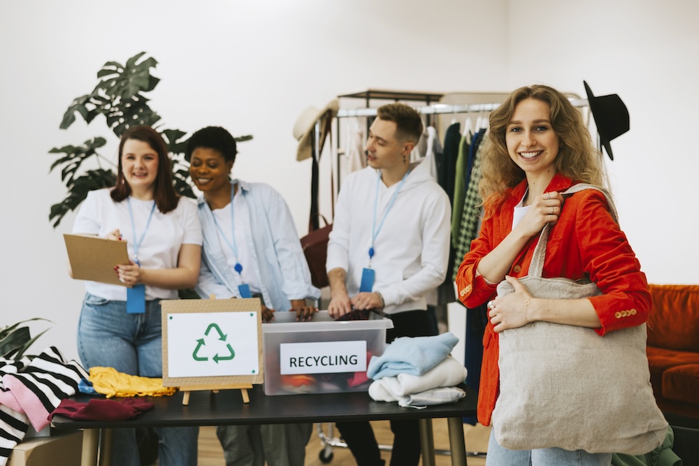 young group donating and recycling clothes