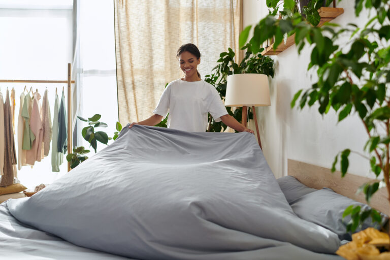 woman making her bed putting on duvet cover